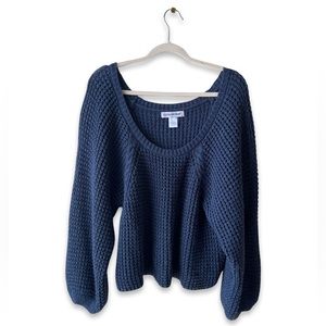 Blue Knit Cropped Bubble Sleeve Pullover Sweater